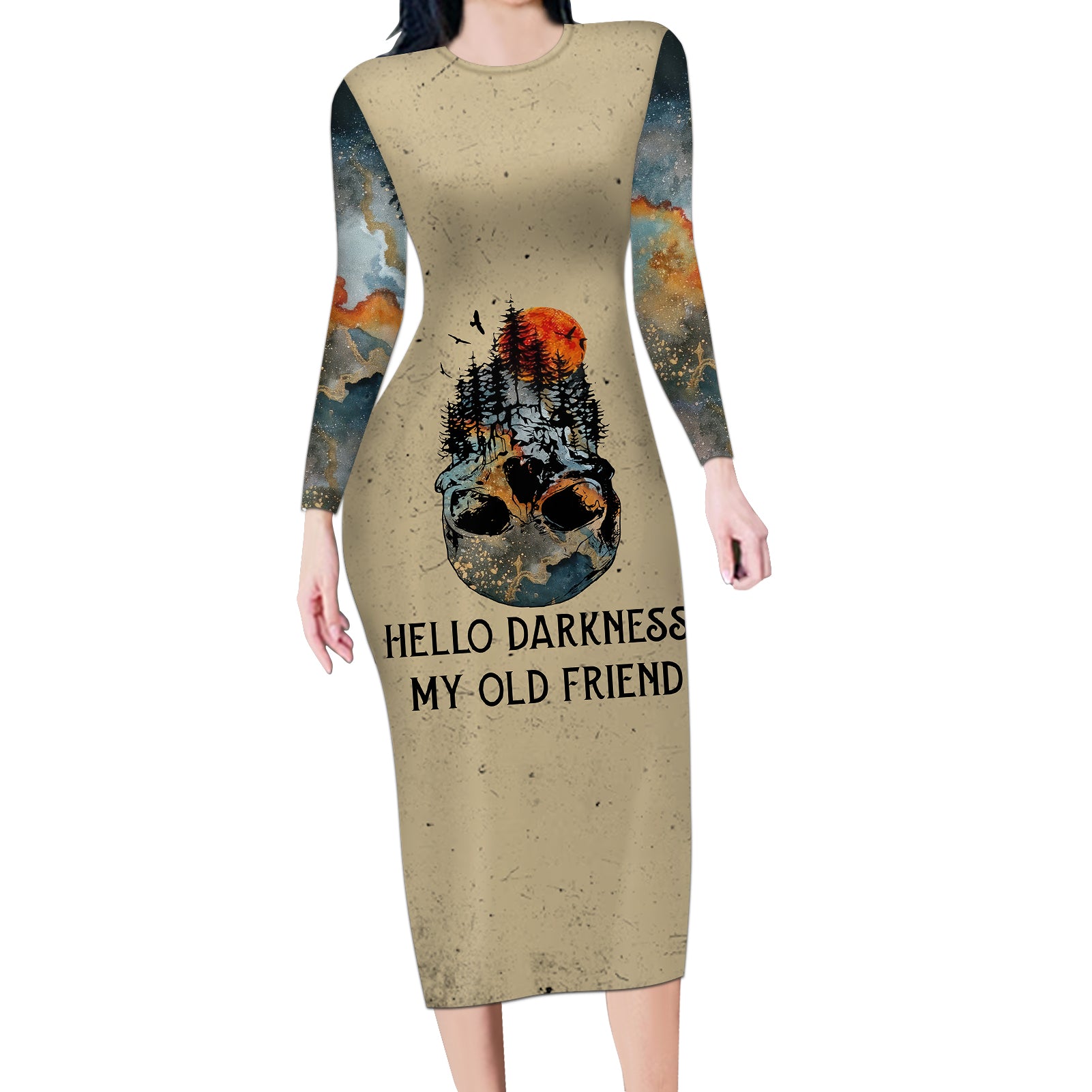 skull-long-sleeve-bodycon-dress-hello-darkness-my-old-friend