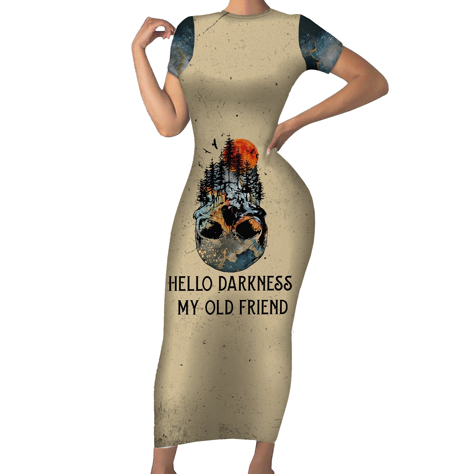 skull-short-sleeve-bodycon-dress-hello-darkness-my-old-friend