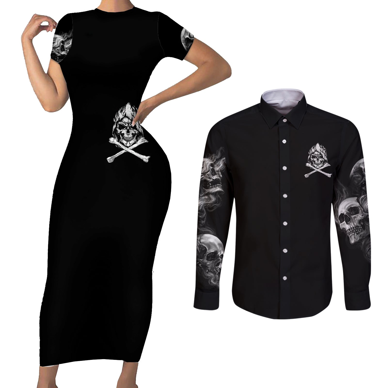 skull-couples-matching-short-sleeve-bodycon-dress-and-long-sleeve-button-shirts-i-can-fix-stupid