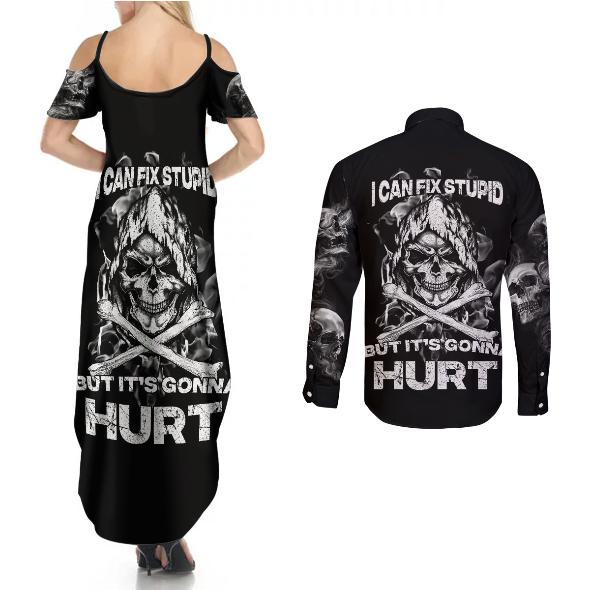 skull-couples-matching-summer-maxi-dress-and-long-sleeve-button-shirts-i-can-fix-stupid