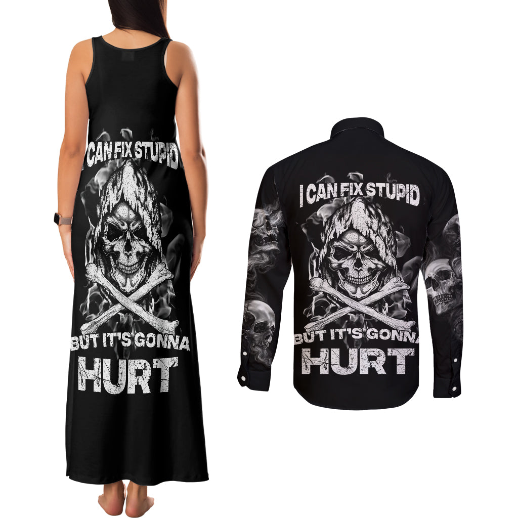 skull-couples-matching-tank-maxi-dress-and-long-sleeve-button-shirts-i-can-fix-stupid