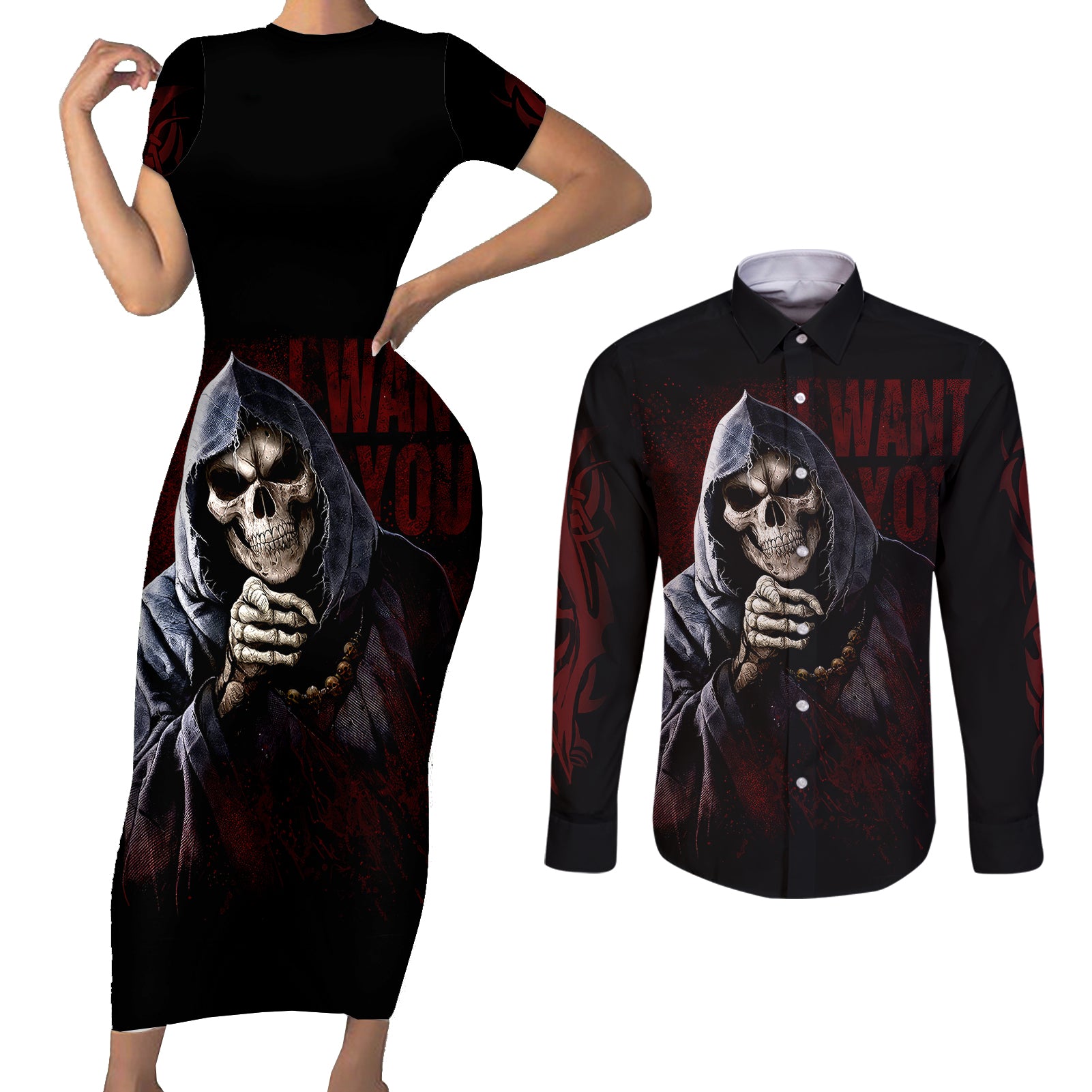 reaper-couples-matching-short-sleeve-bodycon-dress-and-long-sleeve-button-shirts-uncle-death-angel-peace-skull
