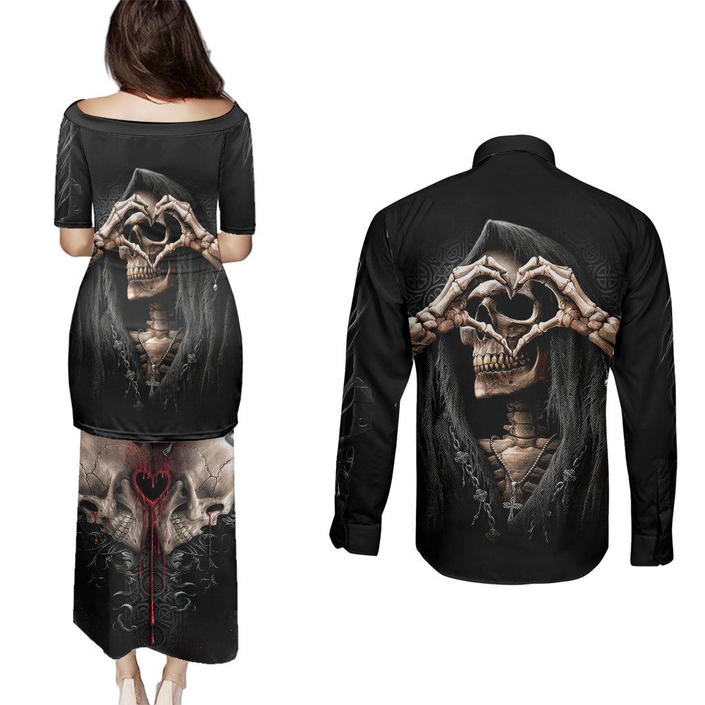 reaper-heart-couples-matching-puletasi-dress-and-long-sleeve-button-shirts-eternal-embrace-uniting-souls-in-the-realm-of-skulls