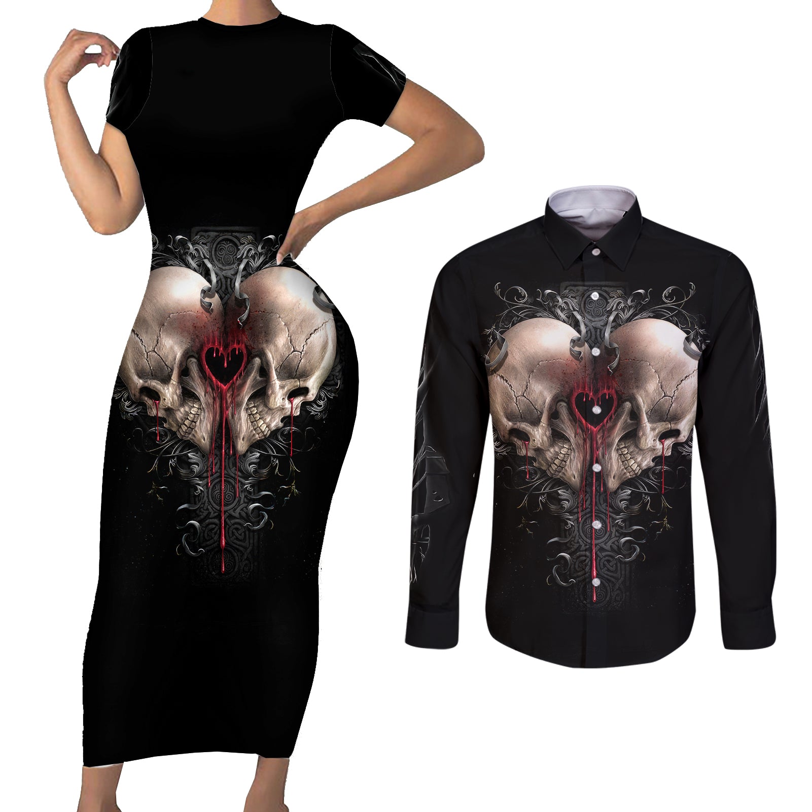 reaper-heart-couples-matching-short-sleeve-bodycon-dress-and-long-sleeve-button-shirts-eternal-embrace-uniting-souls-in-the-realm-of-skulls