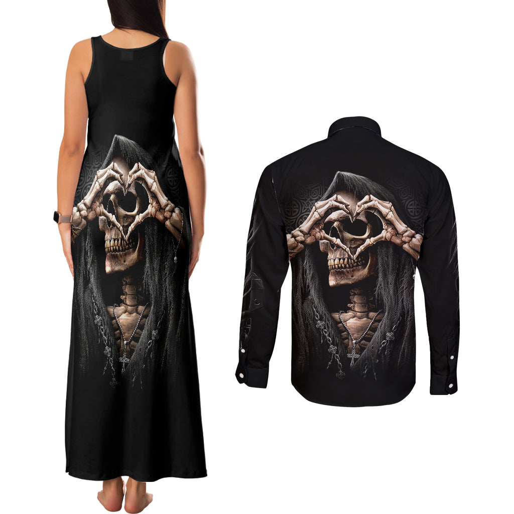 reaper-heart-couples-matching-tank-maxi-dress-and-long-sleeve-button-shirts-eternal-embrace-uniting-souls-in-the-realm-of-skulls