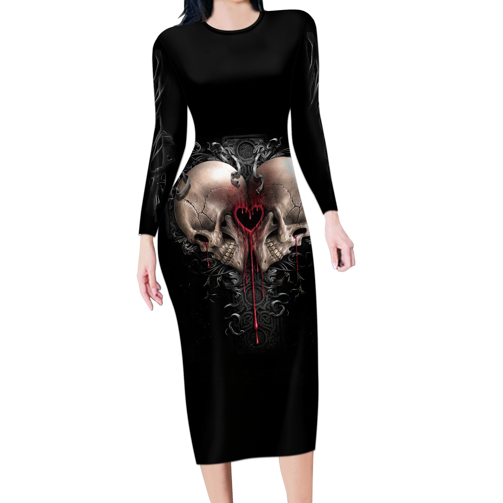 reaper-heart-long-sleeve-bodycon-dress-eternal-embrace-uniting-souls-in-the-realm-of-skulls