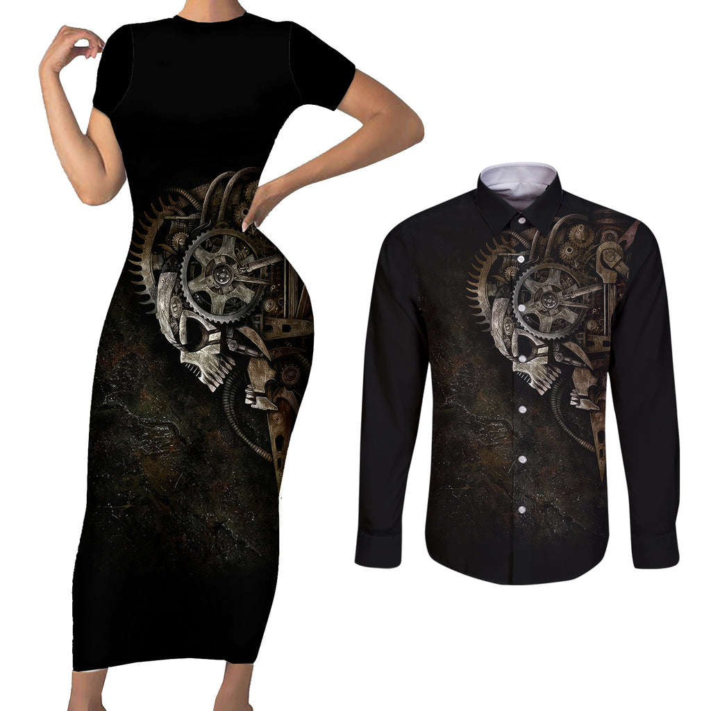 unveiling-the-mechanical-skull-couples-matching-short-sleeve-bodycon-dress-and-long-sleeve-button-shirts-cybernetic-enigma