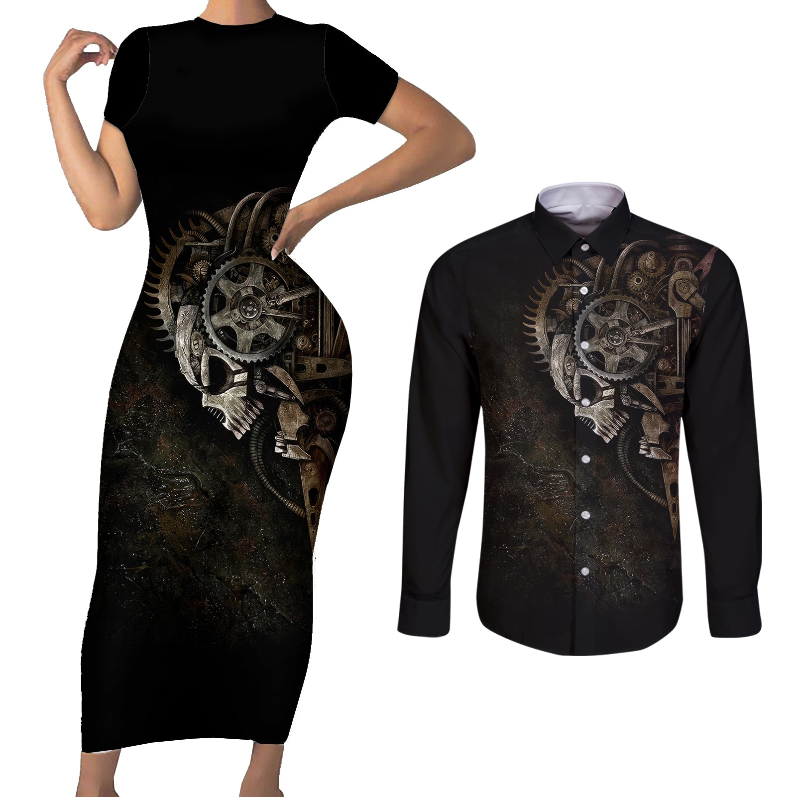 unveiling-the-mechanical-skull-couples-matching-short-sleeve-bodycon-dress-and-long-sleeve-button-shirts-cybernetic-enigma