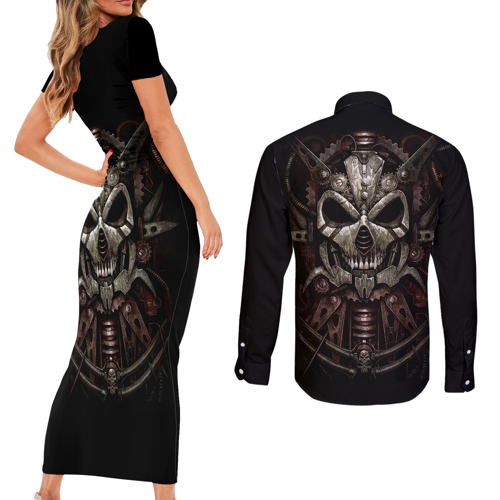 unveiling-the-mechanical-skull-couples-matching-short-sleeve-bodycon-dress-and-long-sleeve-button-shirts-cybernetic-enigma