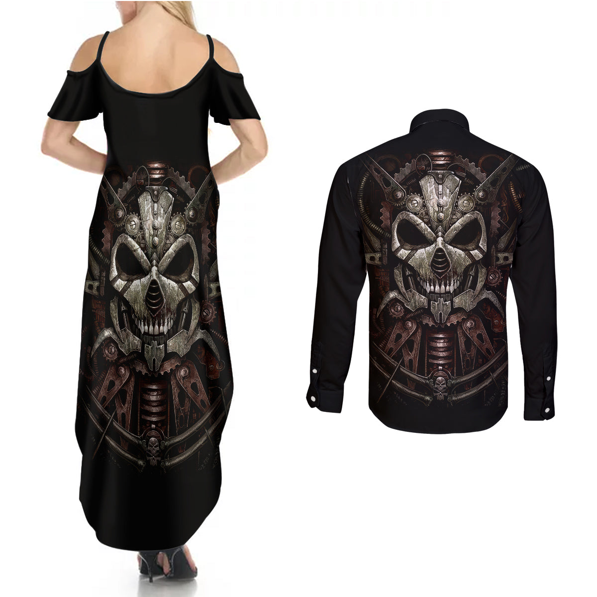 unveiling-the-mechanical-skull-couples-matching-summer-maxi-dress-and-long-sleeve-button-shirts-cybernetic-enigma