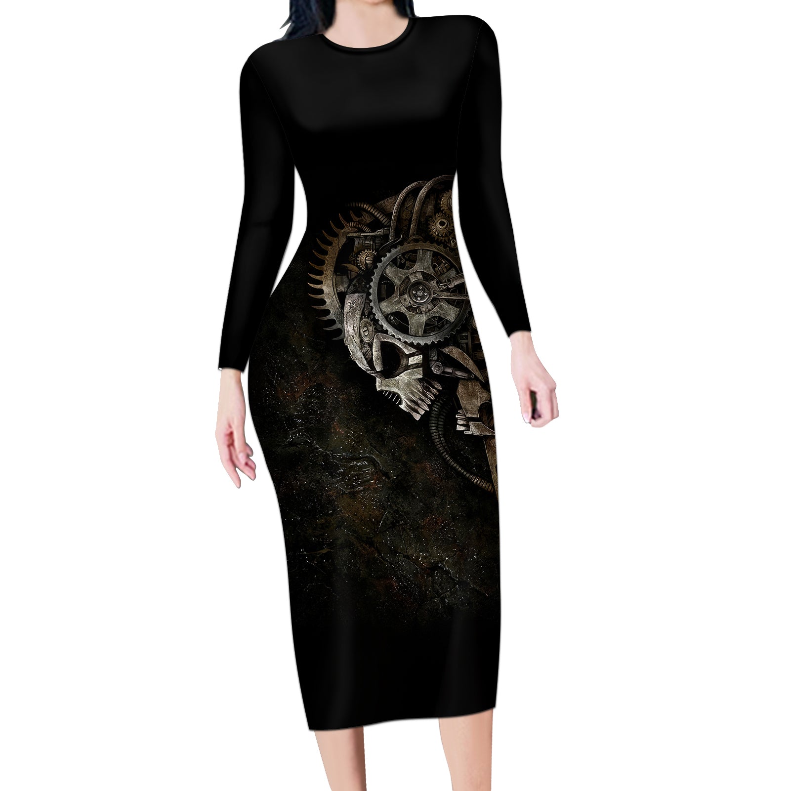 unveiling-the-mechanical-skull-long-sleeve-bodycon-dress-cybernetic-enigma