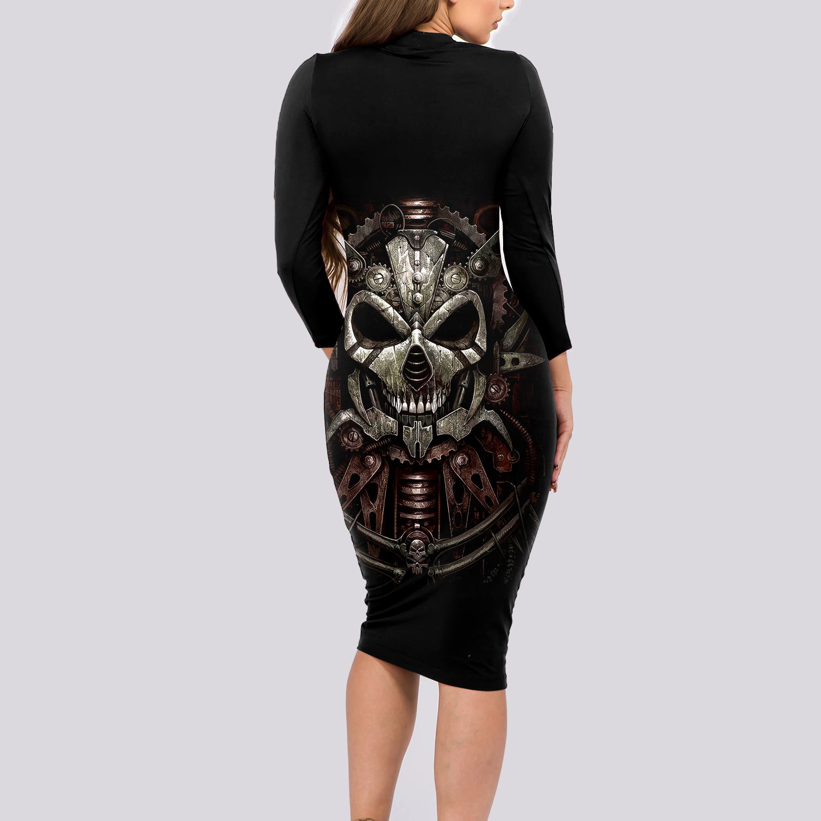 unveiling-the-mechanical-skull-long-sleeve-bodycon-dress-cybernetic-enigma