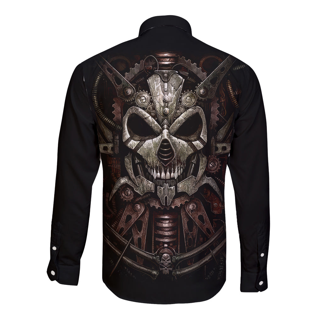 unveiling-the-mechanical-skull-long-sleeve-button-shirt-cybernetic-enigma