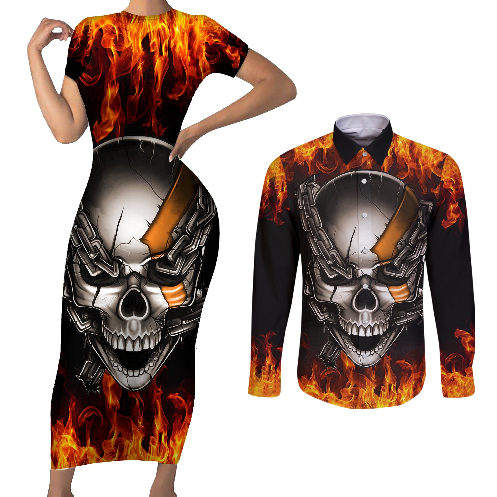 metal-skull-couples-matching-short-sleeve-bodycon-dress-and-long-sleeve-button-shirts-infernal-chains-in-fiery-abyss