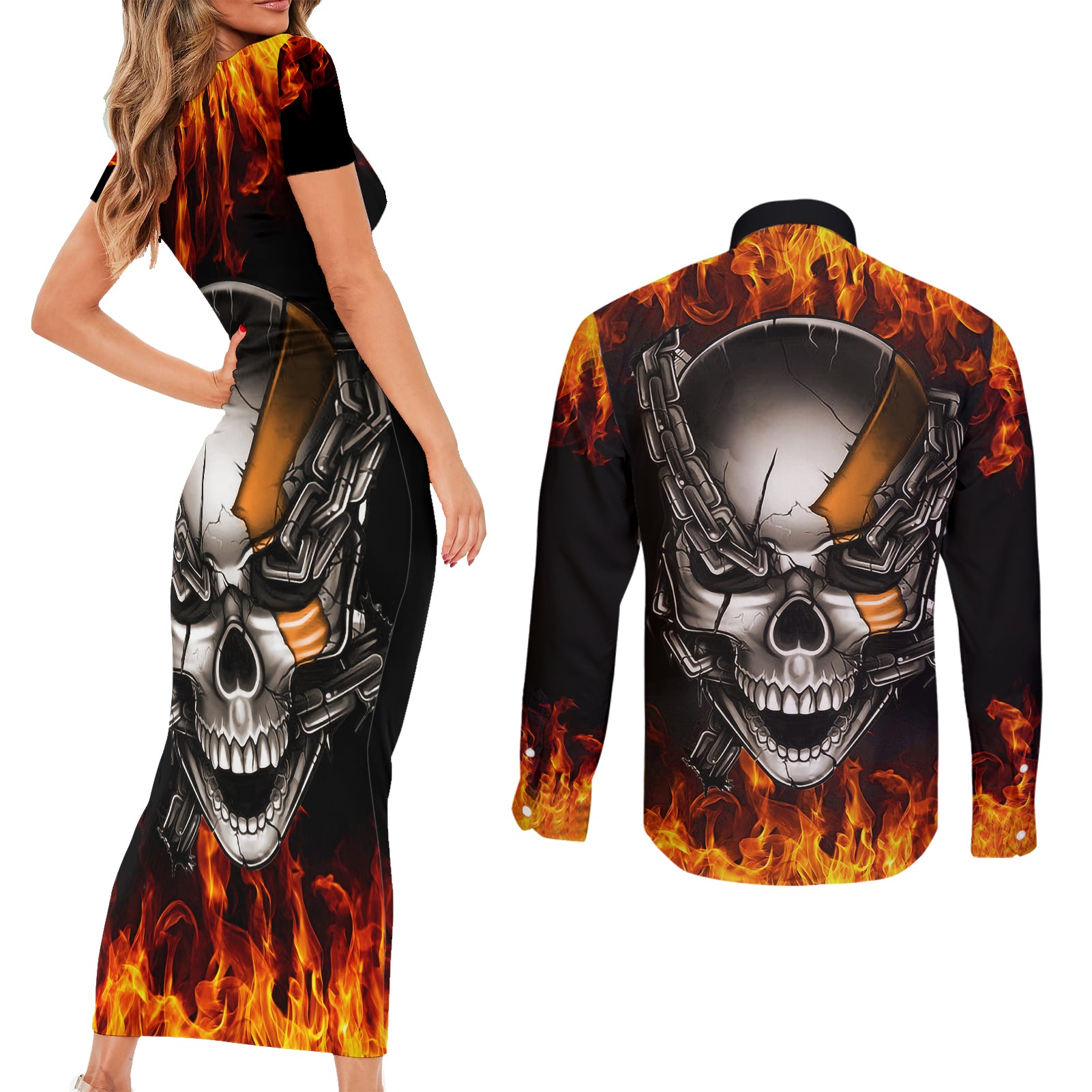 metal-skull-couples-matching-short-sleeve-bodycon-dress-and-long-sleeve-button-shirts-infernal-chains-in-fiery-abyss