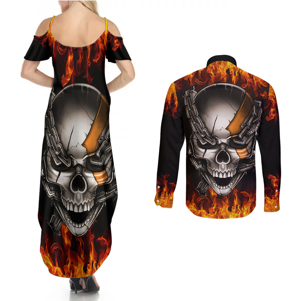 metal-skull-couples-matching-summer-maxi-dress-and-long-sleeve-button-shirts-infernal-chains-in-fiery-abyss