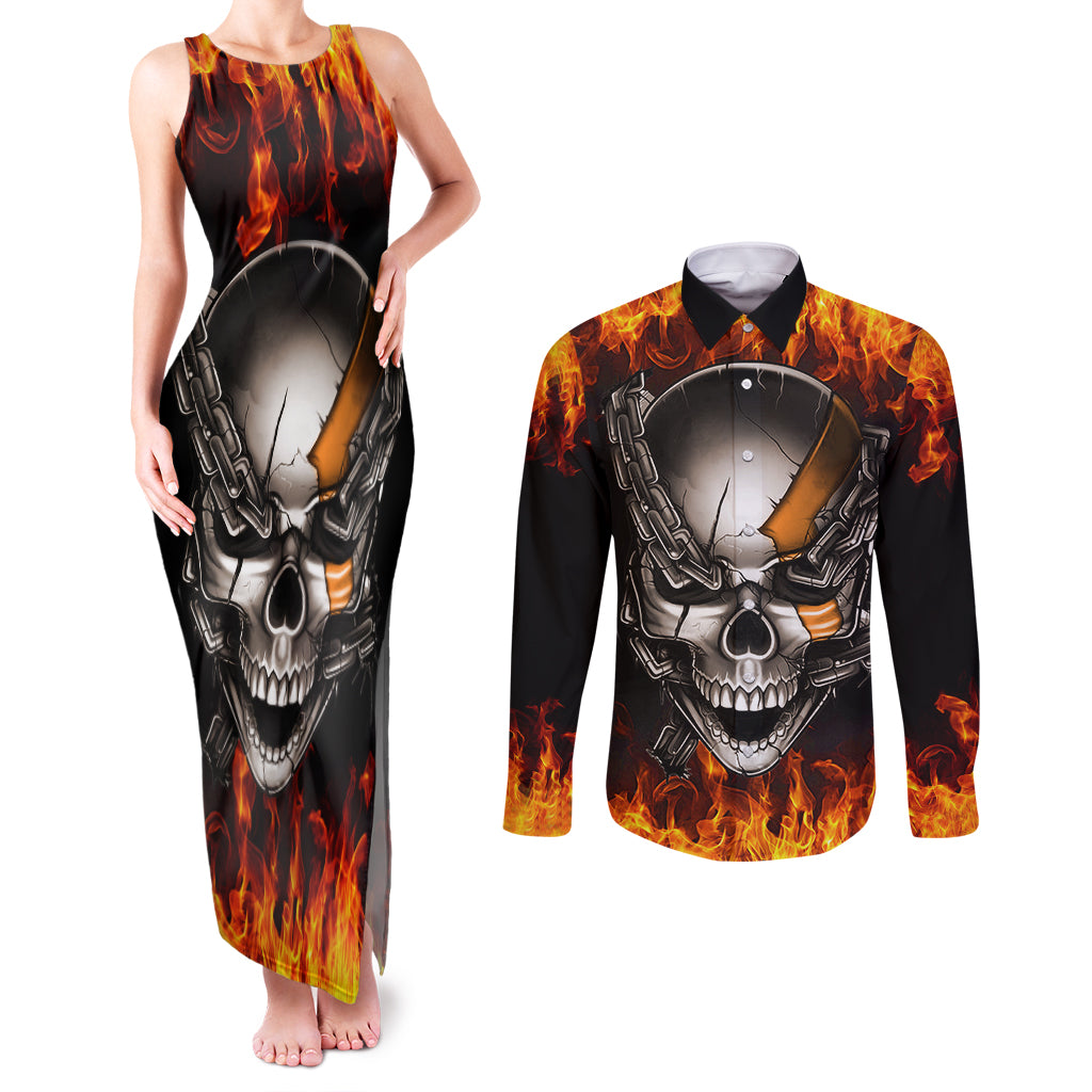 metal-skull-couples-matching-tank-maxi-dress-and-long-sleeve-button-shirts-infernal-chains-in-fiery-abyss