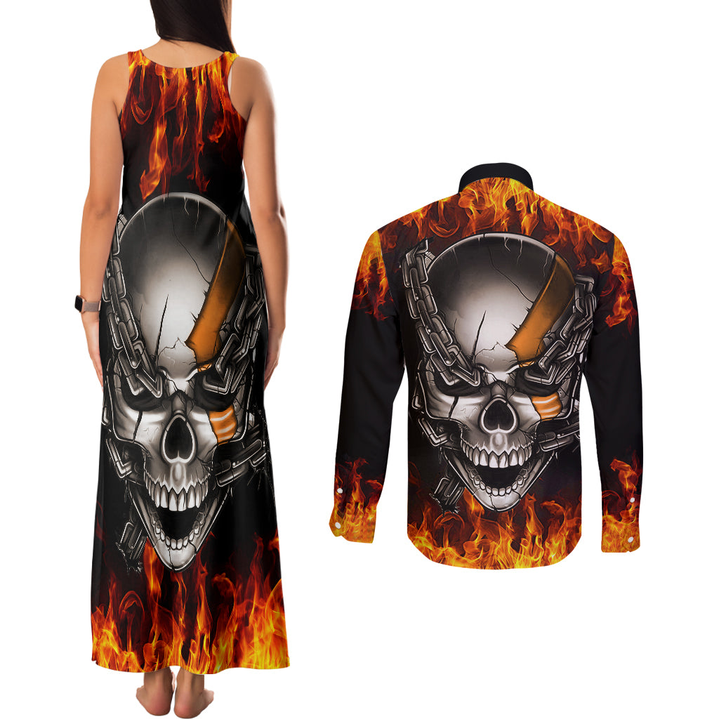 metal-skull-couples-matching-tank-maxi-dress-and-long-sleeve-button-shirts-infernal-chains-in-fiery-abyss