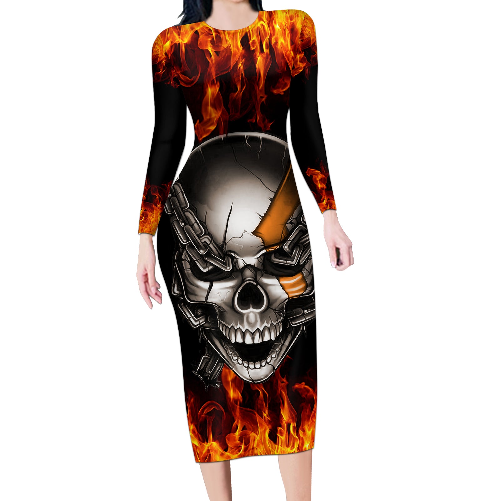 metal-skull-long-sleeve-bodycon-dress-infernal-chains-in-fiery-abyss