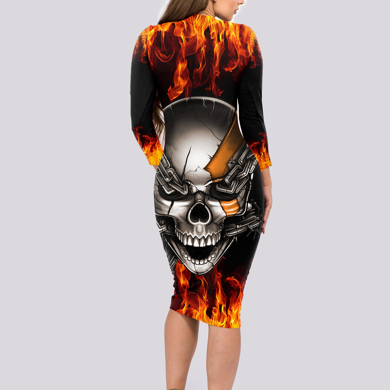 metal-skull-long-sleeve-bodycon-dress-infernal-chains-in-fiery-abyss