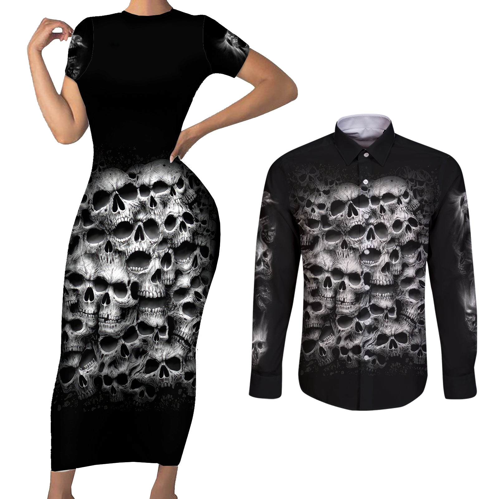 skull-couples-matching-short-sleeve-bodycon-dress-and-long-sleeve-button-shirts-twisted-head-skull