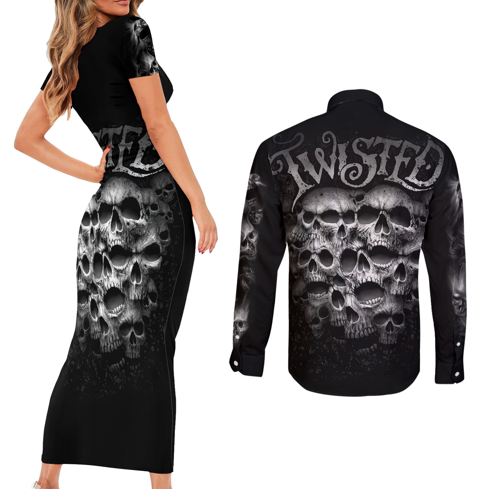 skull-couples-matching-short-sleeve-bodycon-dress-and-long-sleeve-button-shirts-twisted-head-skull