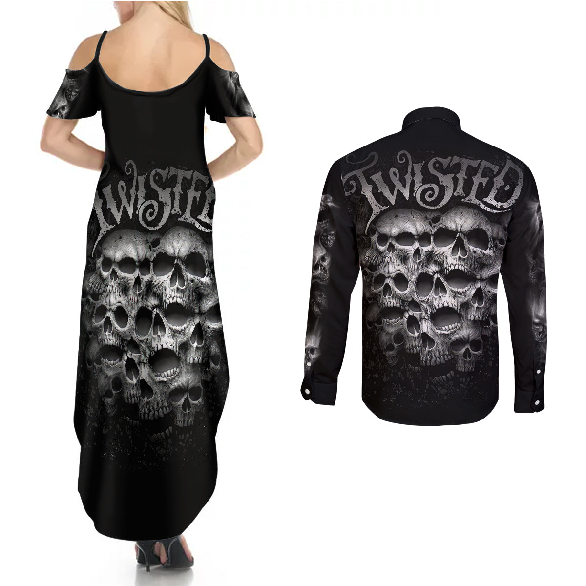 skull-couples-matching-summer-maxi-dress-and-long-sleeve-button-shirts-twisted-head-skull