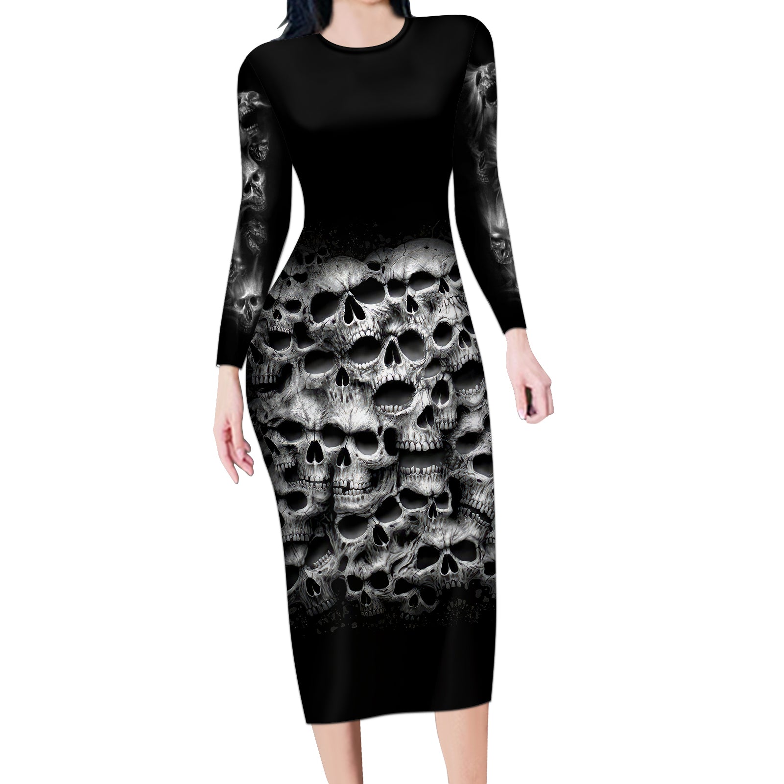 skull-long-sleeve-bodycon-dress-twisted-head-skull