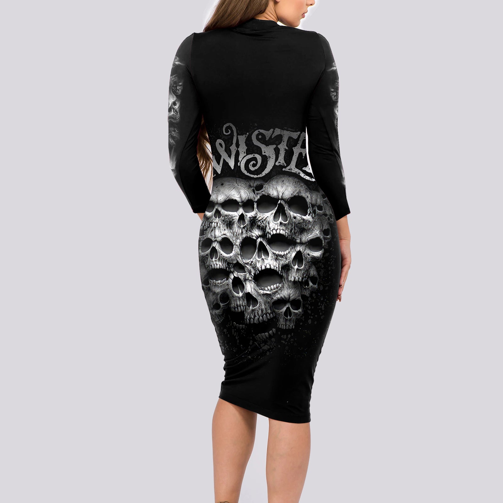 skull-long-sleeve-bodycon-dress-twisted-head-skull