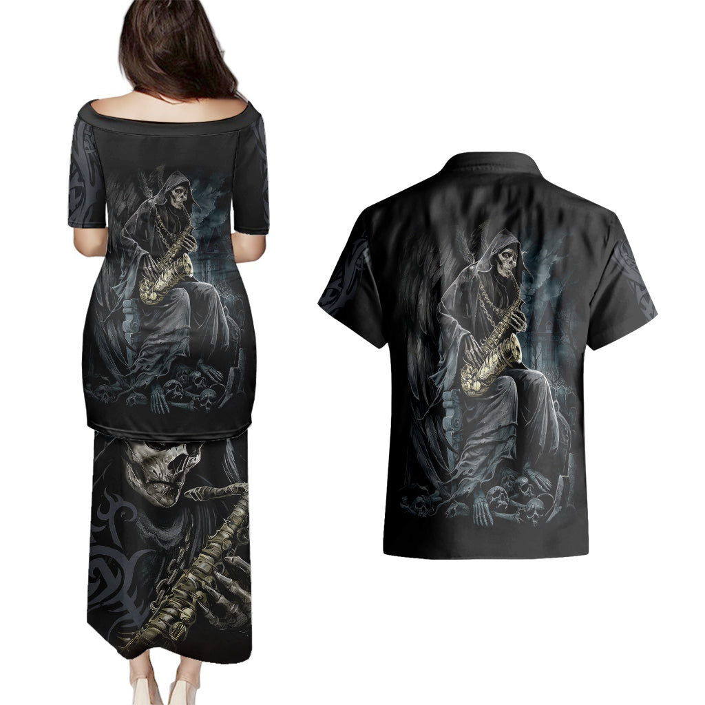 skull-couples-matching-puletasi-dress-and-hawaiian-shirt-musician-of-death