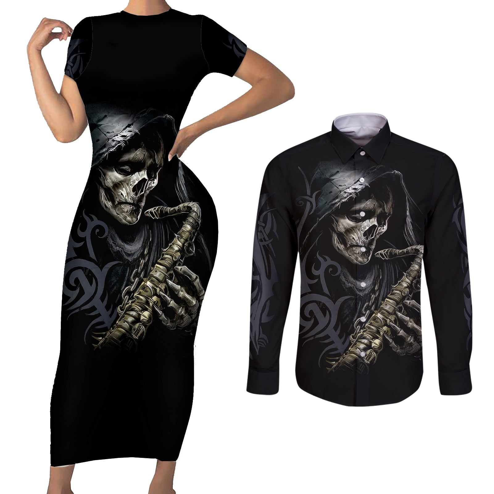 skull-couples-matching-short-sleeve-bodycon-dress-and-long-sleeve-button-shirts-musician-of-death