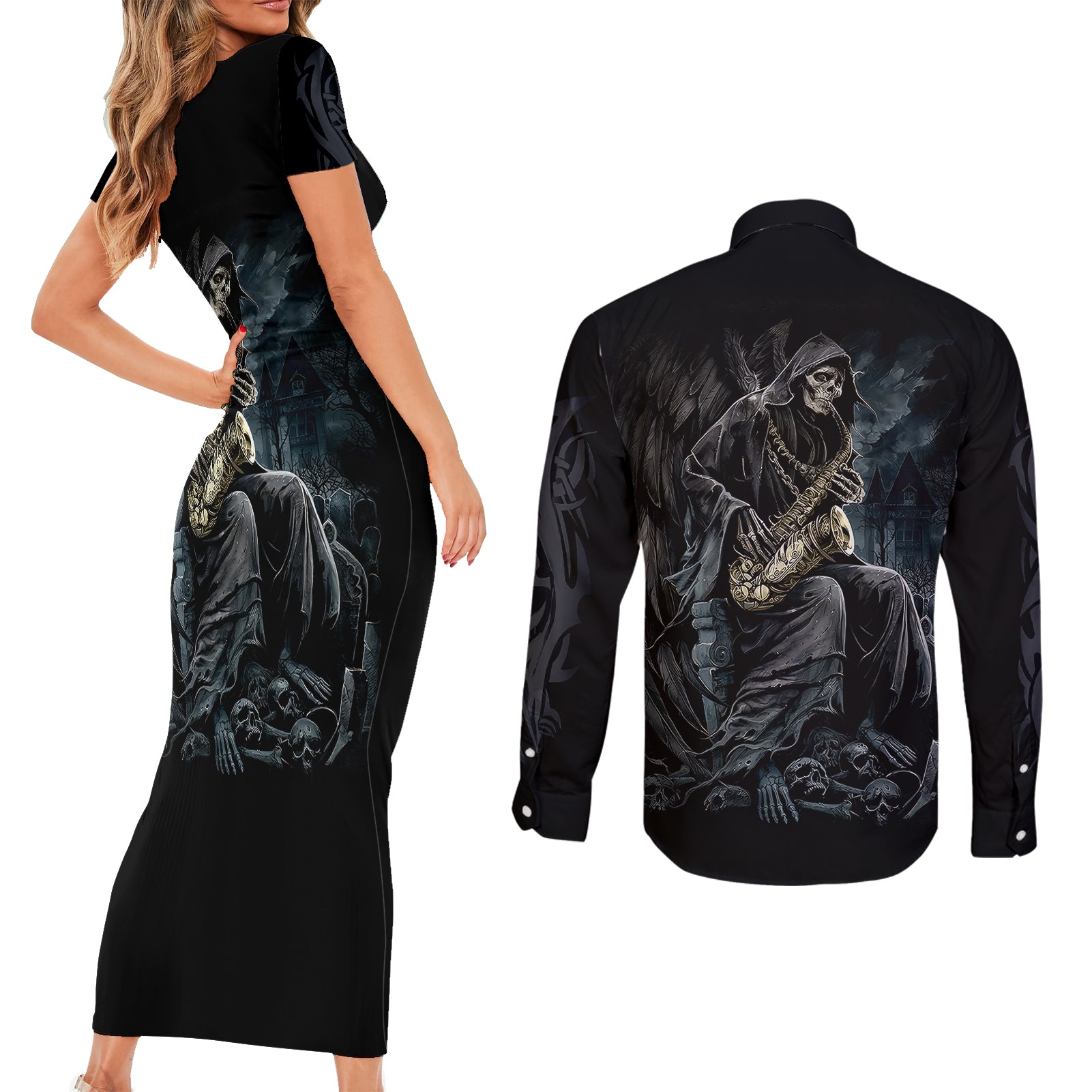 skull-couples-matching-short-sleeve-bodycon-dress-and-long-sleeve-button-shirts-musician-of-death