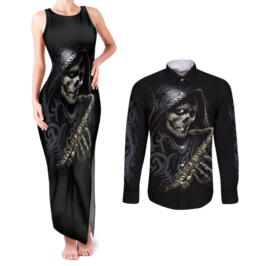 skull-couples-matching-tank-maxi-dress-and-long-sleeve-button-shirts-musician-of-death