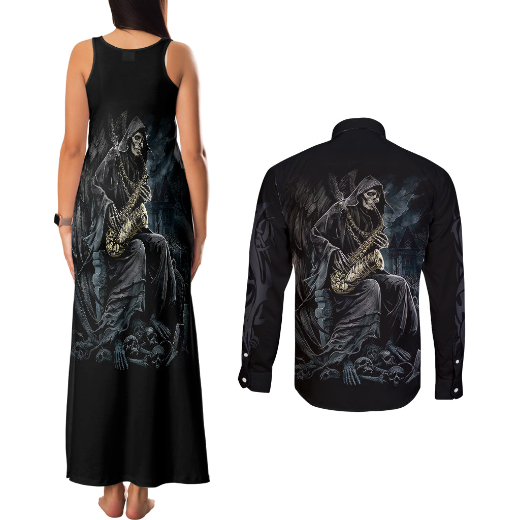 skull-couples-matching-tank-maxi-dress-and-long-sleeve-button-shirts-musician-of-death