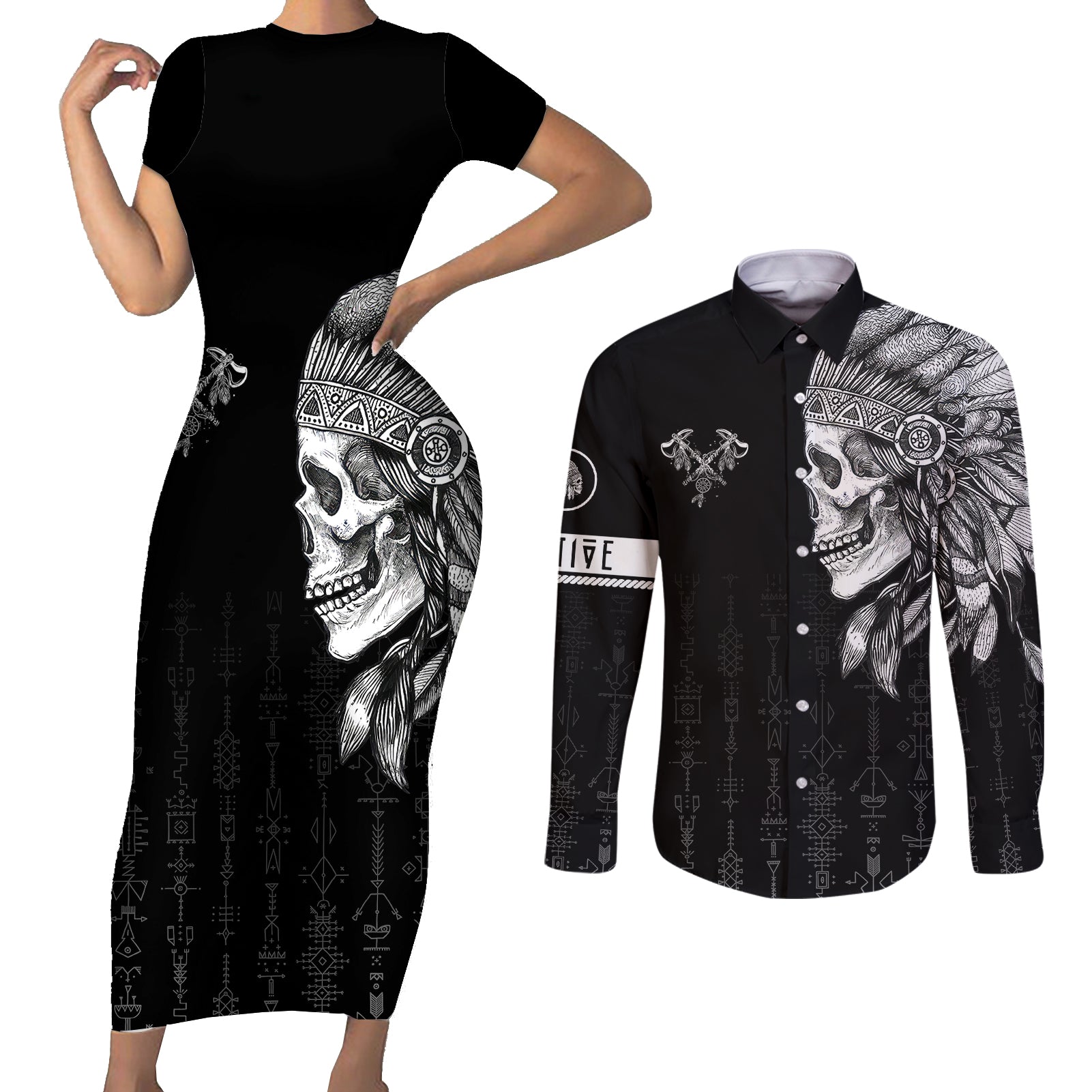 skull-couples-matching-short-sleeve-bodycon-dress-and-long-sleeve-button-shirts-chief-skeleton