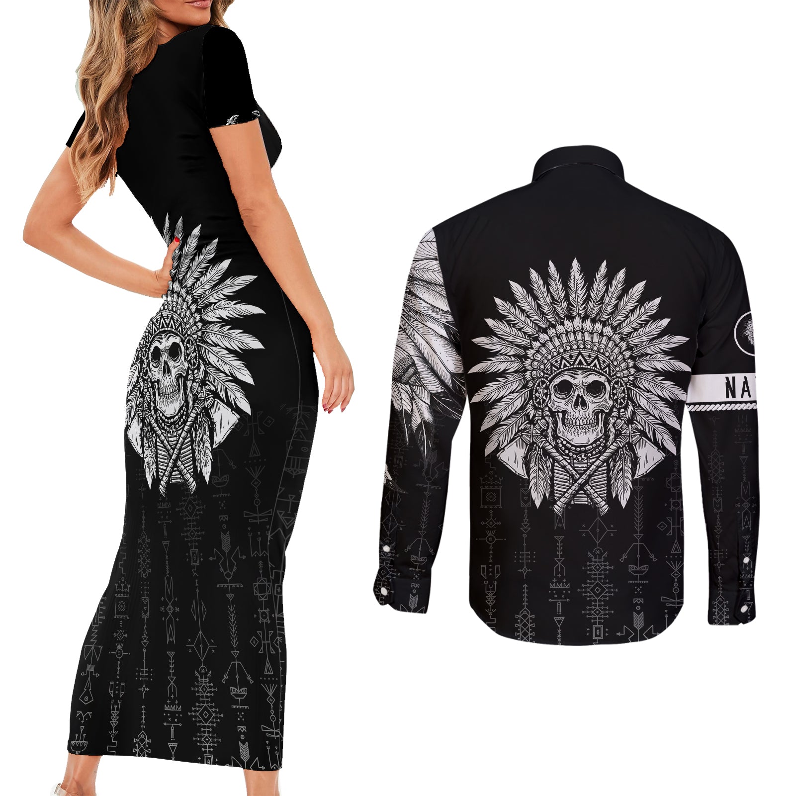 skull-couples-matching-short-sleeve-bodycon-dress-and-long-sleeve-button-shirts-chief-skeleton