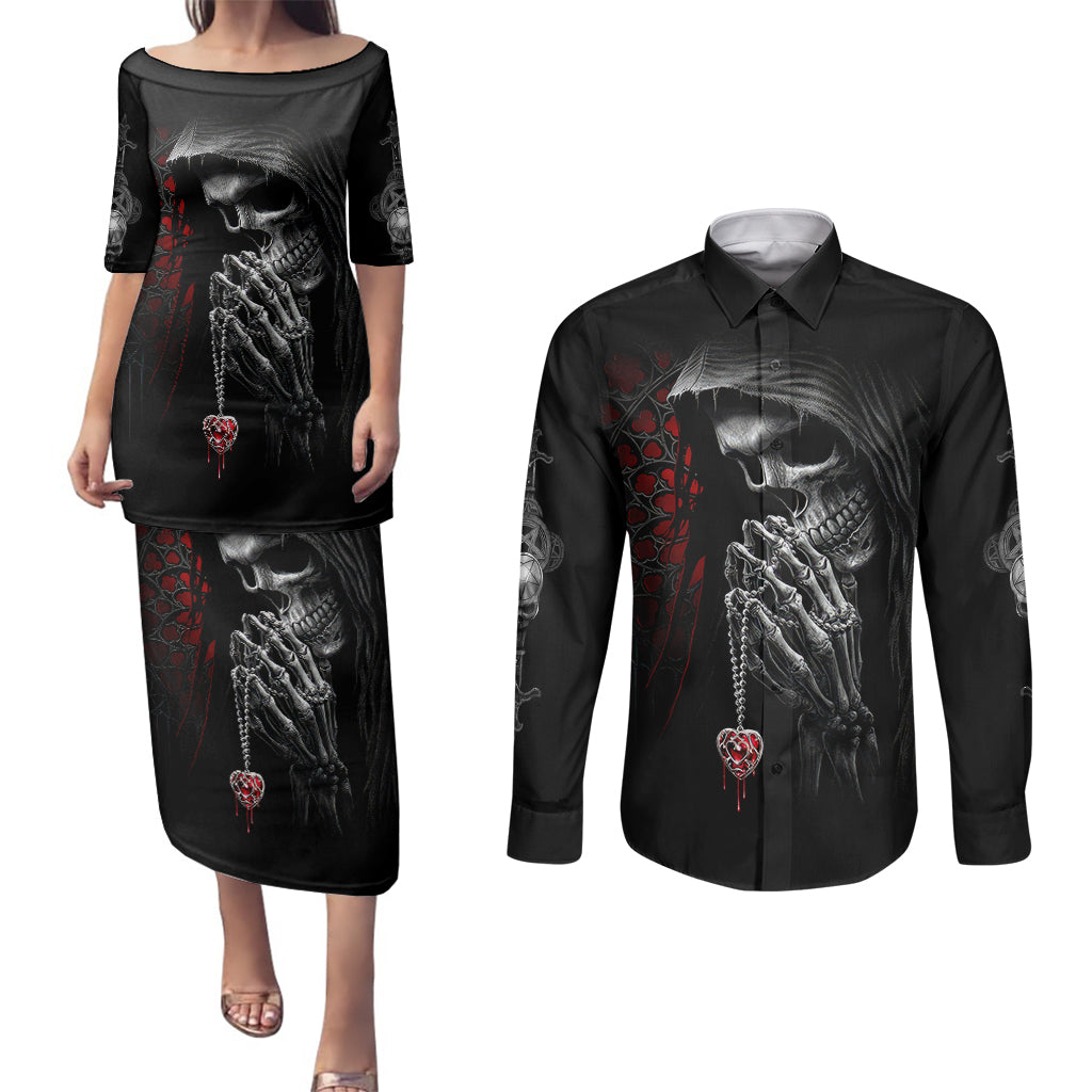 skull-couples-matching-puletasi-dress-and-long-sleeve-button-shirts-death-angel-in-love