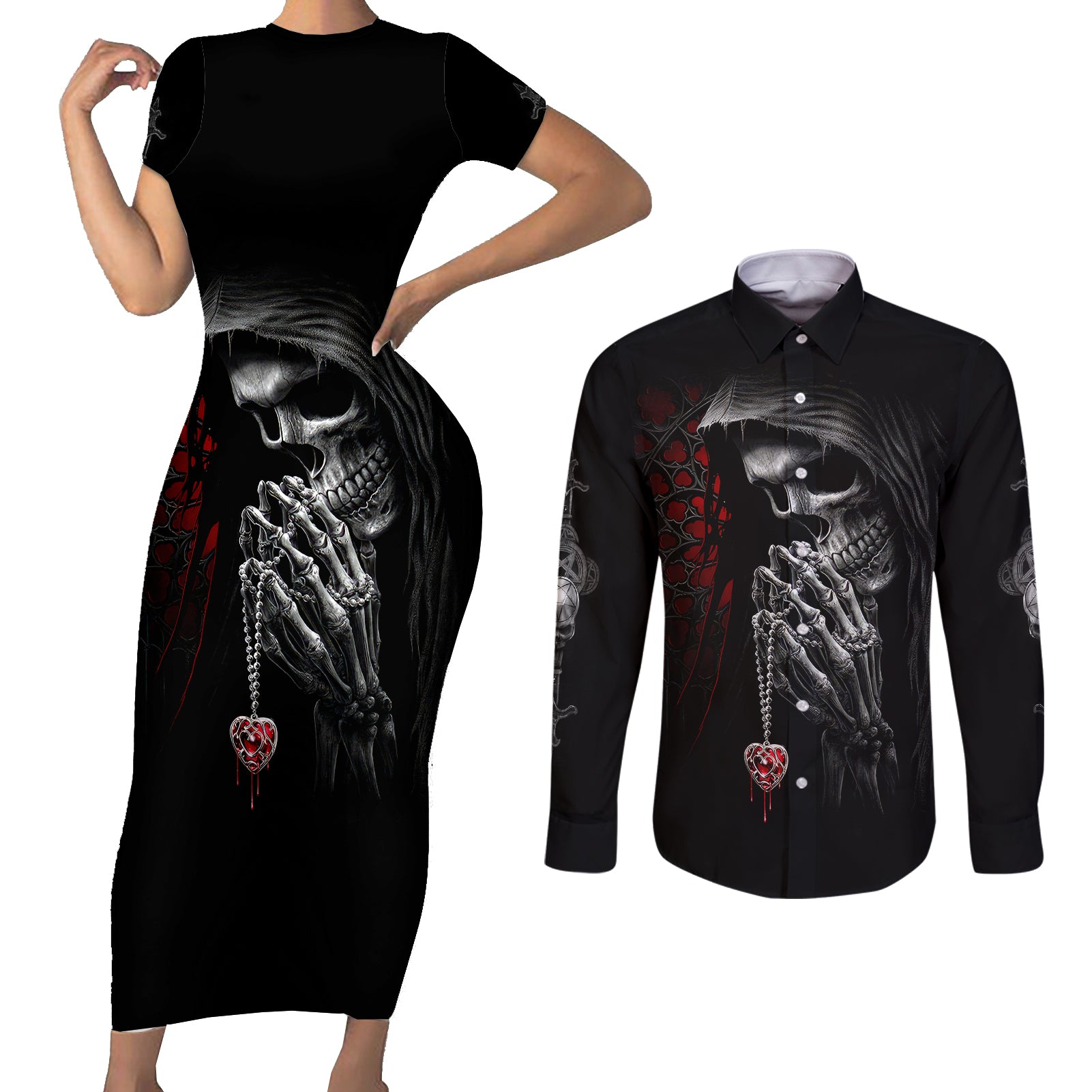 skull-couples-matching-short-sleeve-bodycon-dress-and-long-sleeve-button-shirts-death-angel-in-love