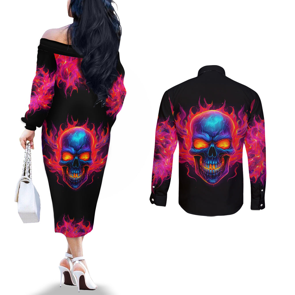 skull-couples-matching-off-the-shoulder-long-sleeve-dress-and-long-sleeve-button-shirts-purple-skull-fire