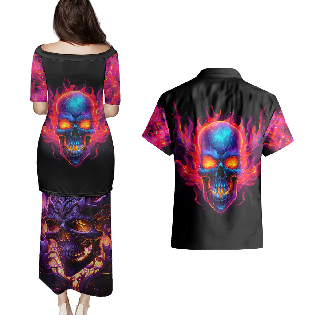 skull-couples-matching-puletasi-dress-and-hawaiian-shirt-purple-skull-fire