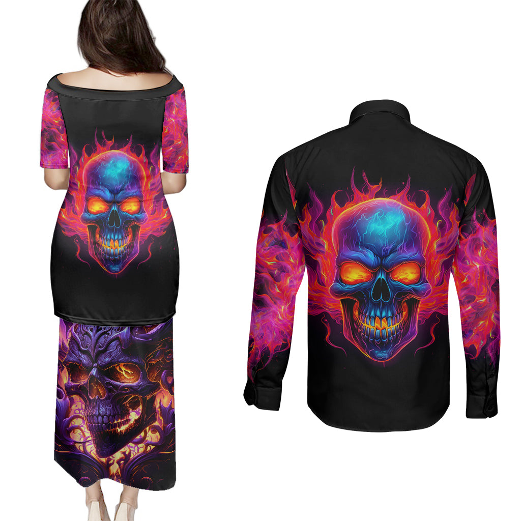 skull-couples-matching-puletasi-dress-and-long-sleeve-button-shirts-purple-skull-fire