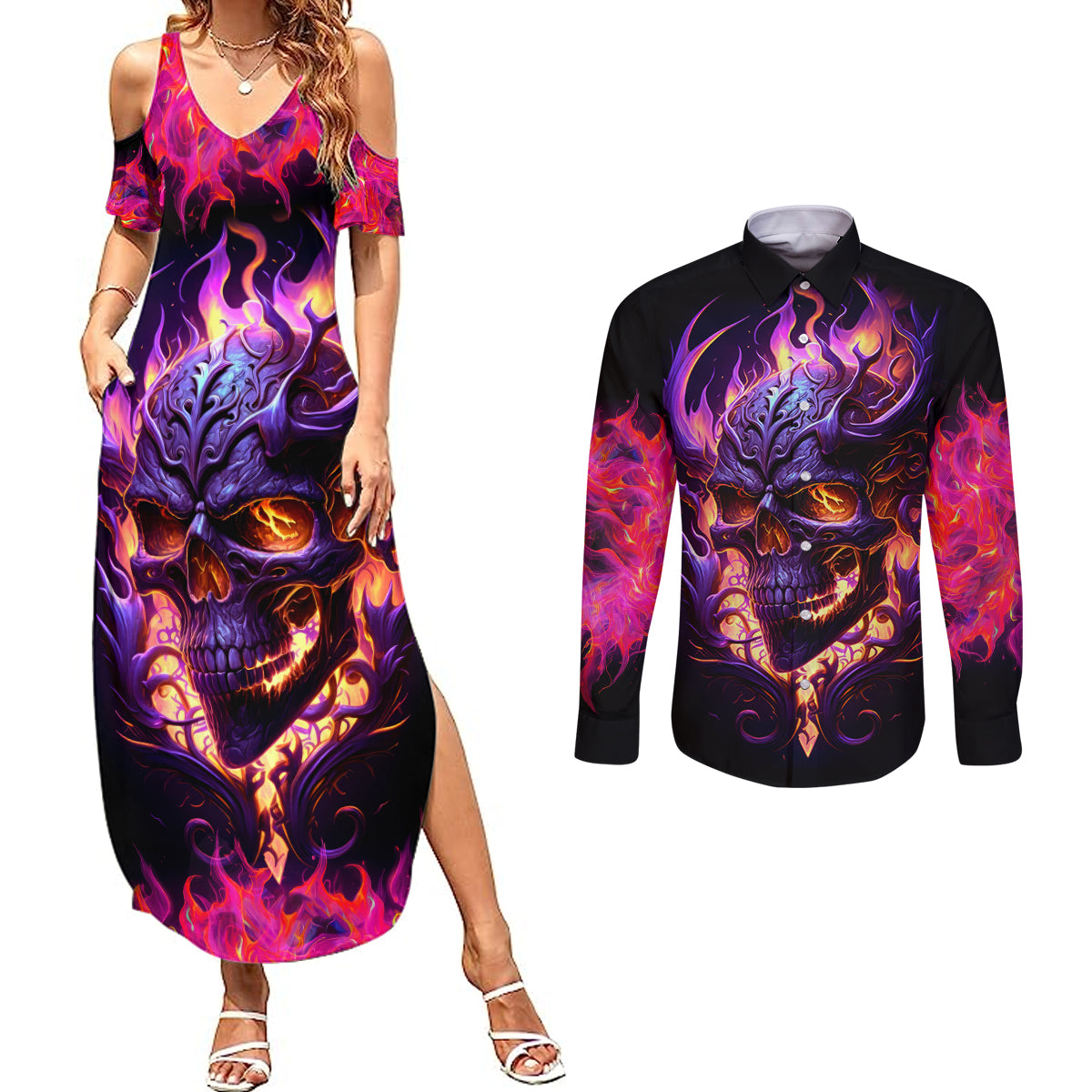 skull-couples-matching-summer-maxi-dress-and-long-sleeve-button-shirts-purple-skull-fire
