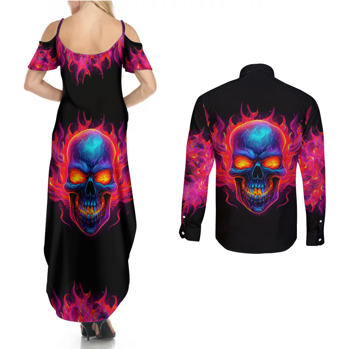 skull-couples-matching-summer-maxi-dress-and-long-sleeve-button-shirts-purple-skull-fire