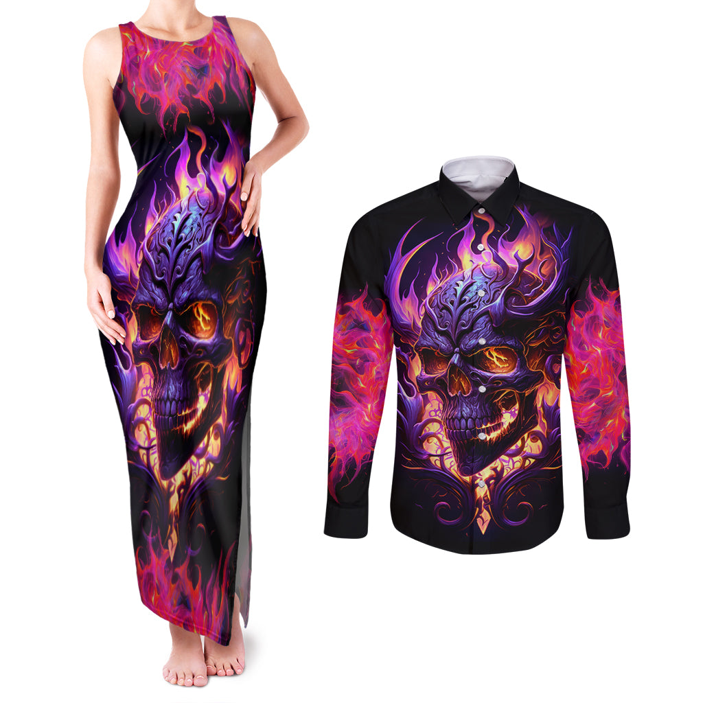 skull-couples-matching-tank-maxi-dress-and-long-sleeve-button-shirts-purple-skull-fire