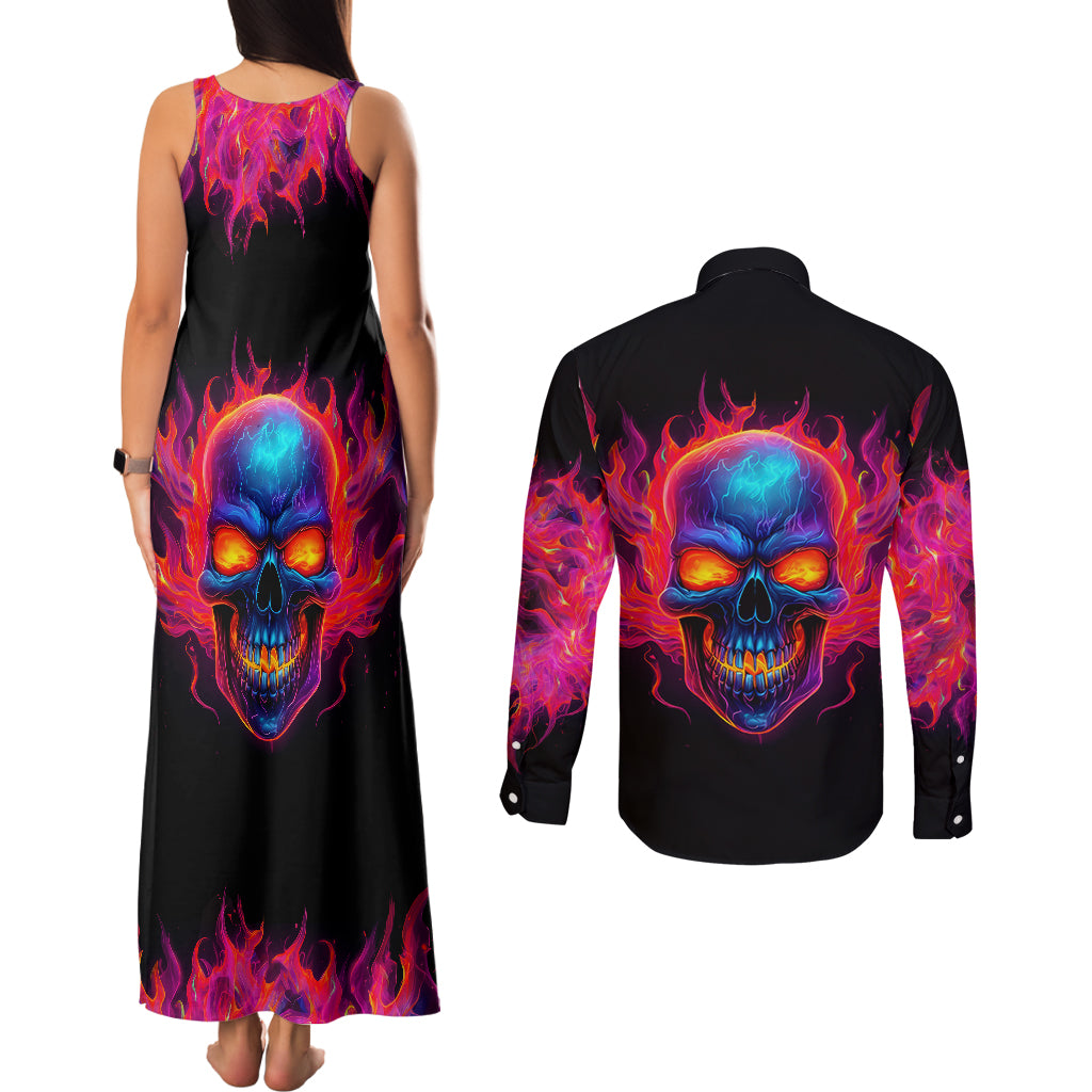 skull-couples-matching-tank-maxi-dress-and-long-sleeve-button-shirts-purple-skull-fire