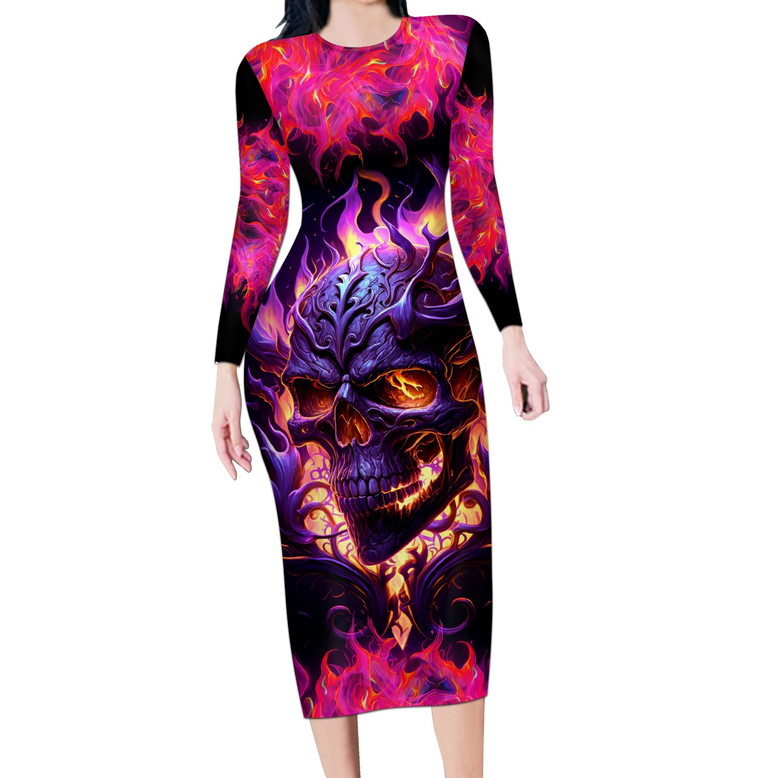 skull-long-sleeve-bodycon-dress-purple-skull-fire