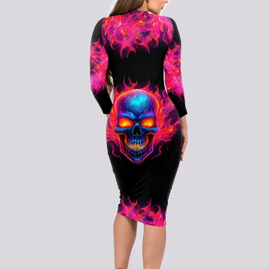 skull-long-sleeve-bodycon-dress-purple-skull-fire