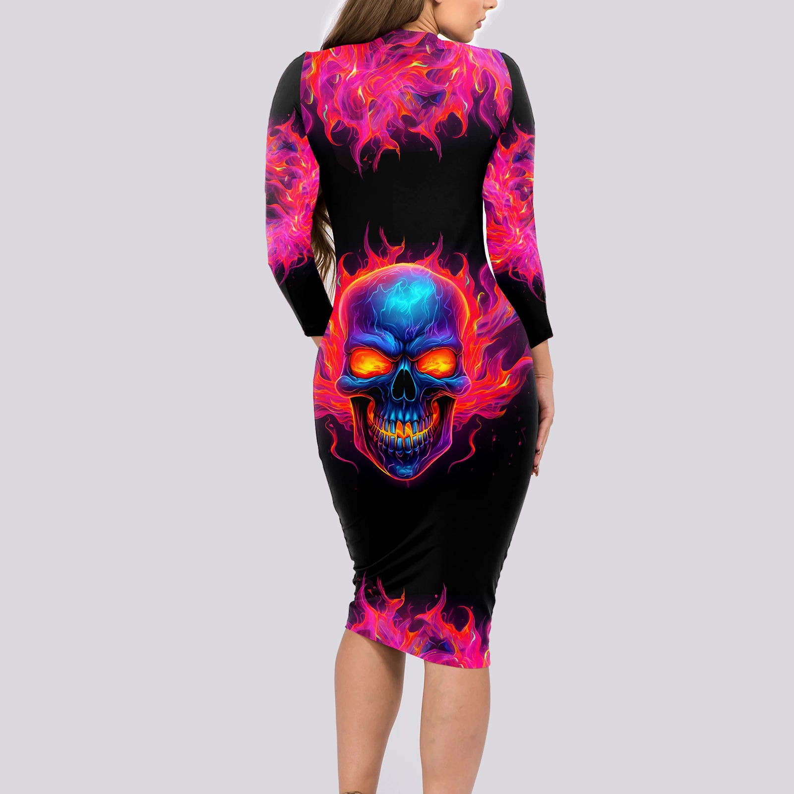 skull-long-sleeve-bodycon-dress-purple-skull-fire