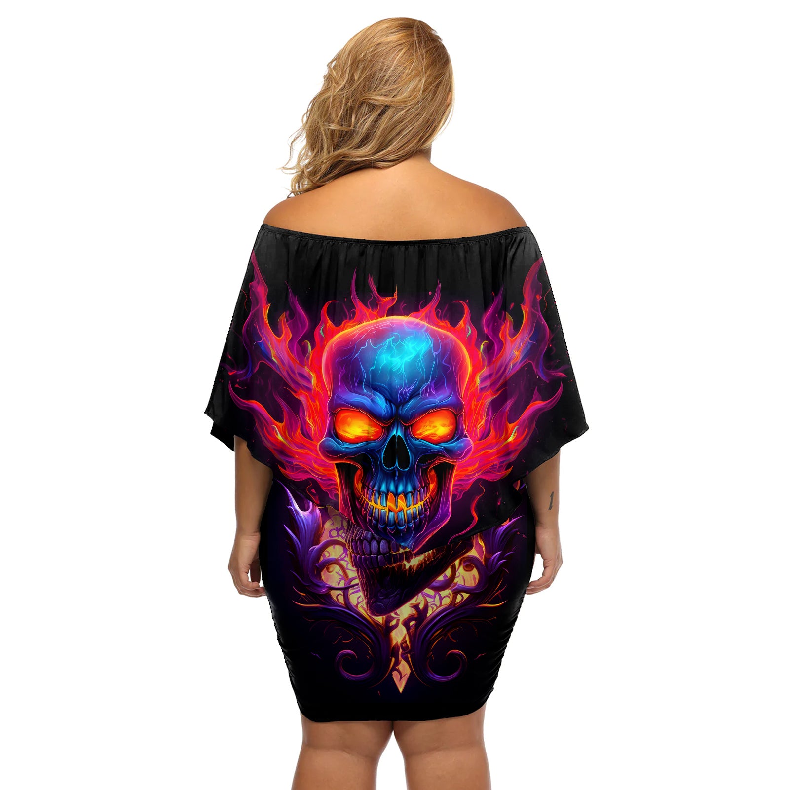 skull-off-shoulder-short-dress-purple-skull-fire