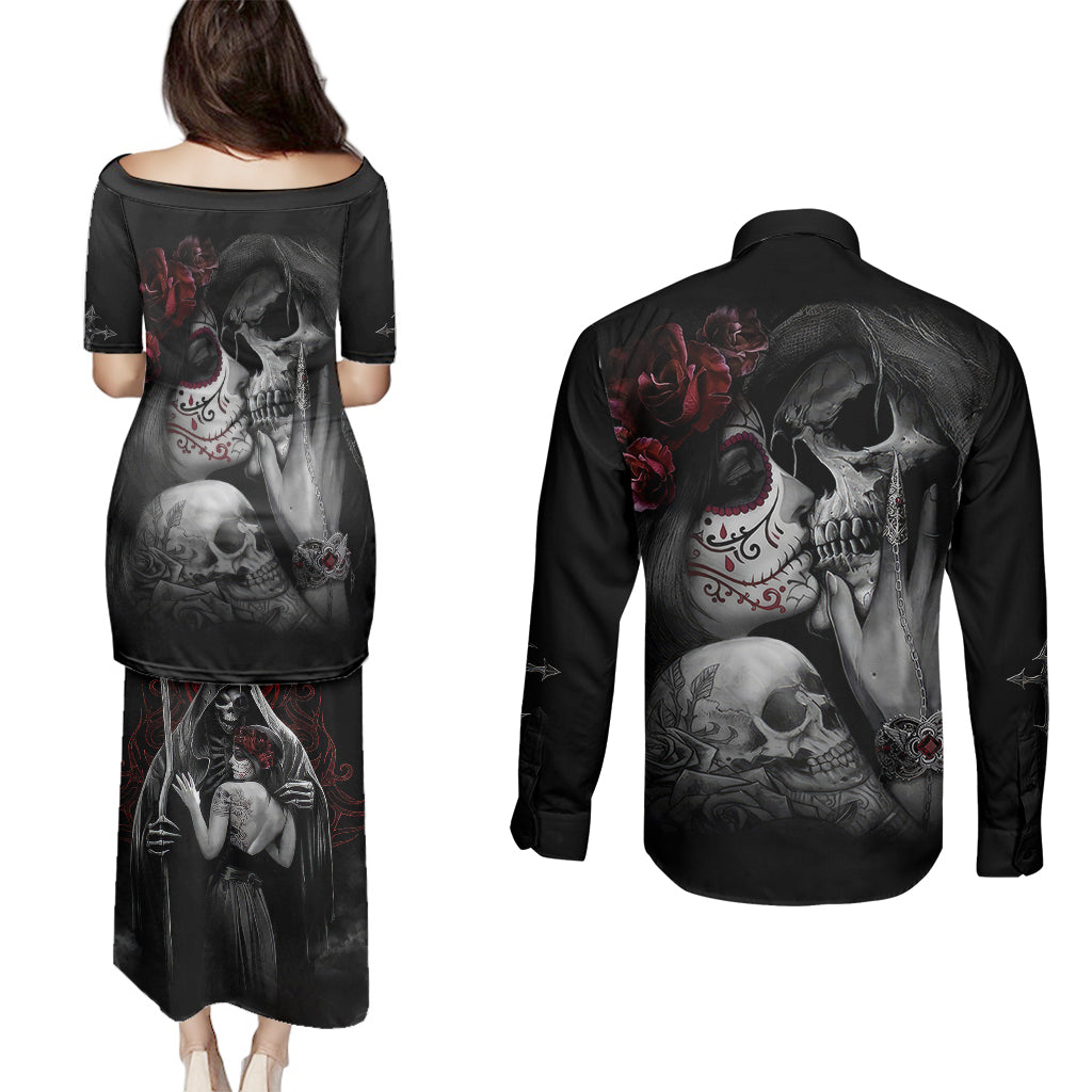 skull-couples-matching-puletasi-dress-and-long-sleeve-button-shirts-death-angel-and-da-de-muertos-girl